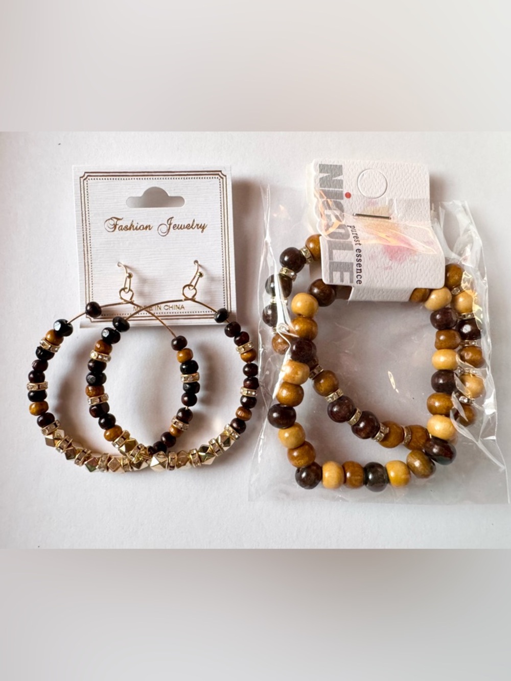 Boho Wood Beads Earrings and 2 Bracelets Set NIP Gold-Tone Rhinestones NEW Hoop